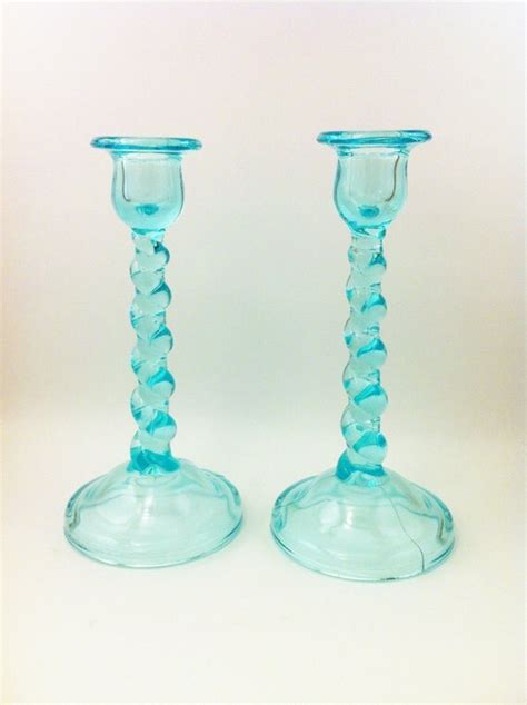 Aqua Glass Candle Holders Blue Depression Glass By Comforte