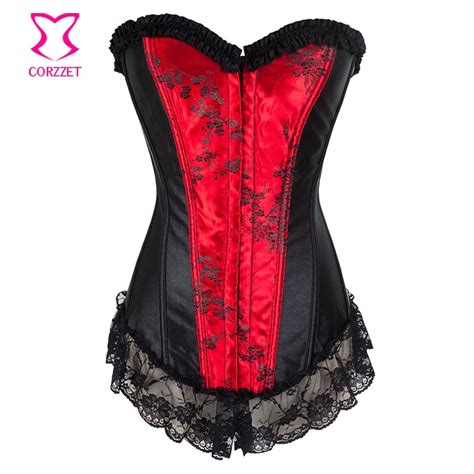Red And Black Satin Jacquard Overbust Corset With Suspenders Sexy