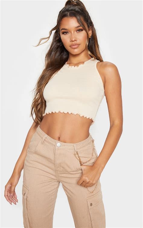 fawn rib frill detail high neck crop top prettylittlething