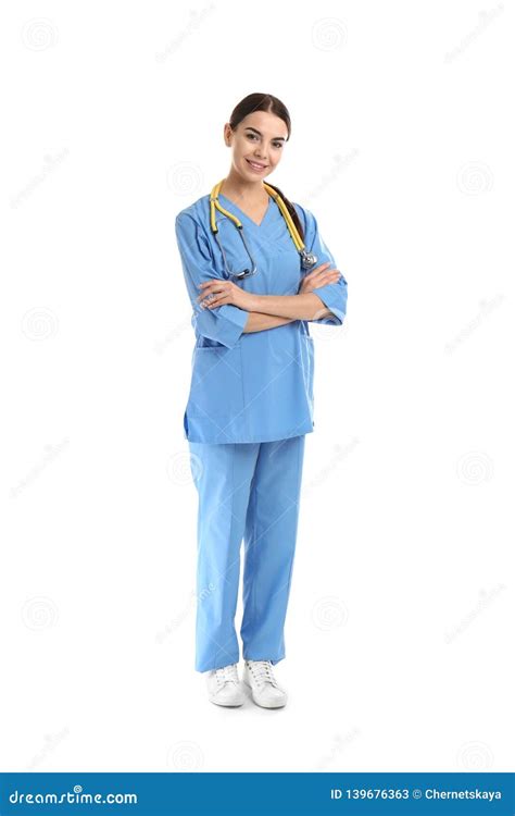 Full Length Portrait Of Medical Assistant With Stethoscope Stock Image Image Of Practitioner