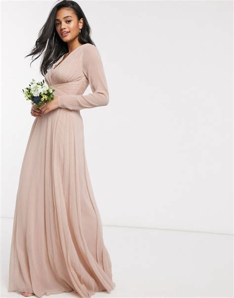 Asos Design Bridesmaid Ruched Waist Maxi Dress With Long Sleeves And