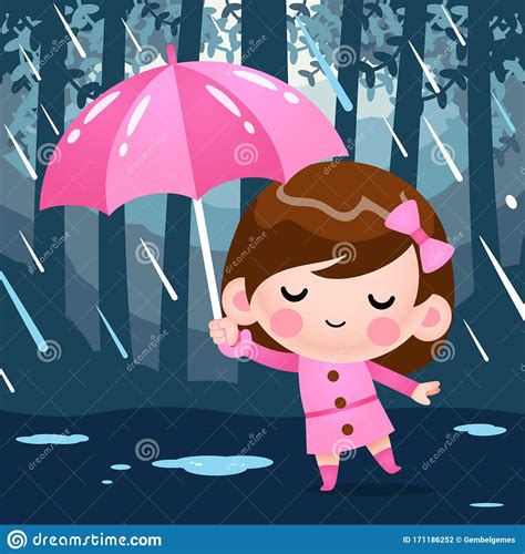 Vector Cartoon Cute Little Girl In Pink Coat Hiding Under Umbrella