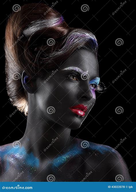 Body Painting Fantasy Woman With Fantastic Stagy Makeup Over Black Stock Photo Image