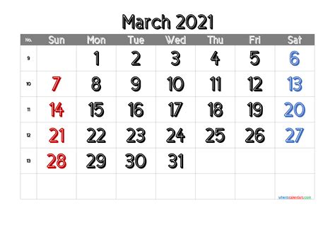 Free Printable March 2021 Calendar Template M21cicle1