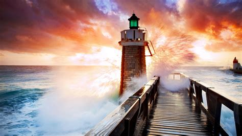 Desktop Wallpaper Lighthouse Sunset Beach Wooden Bridge
