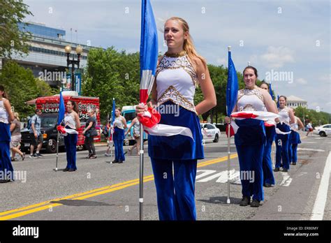 High School Marching Band Color Guard In Parade Usa Stock Photo Alamy