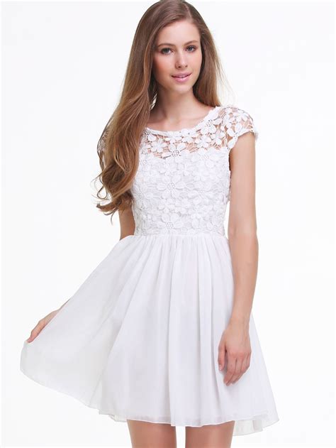 vestido plisado floral crochet hueco blanco spanish shein sheinside white lace chiffon dress