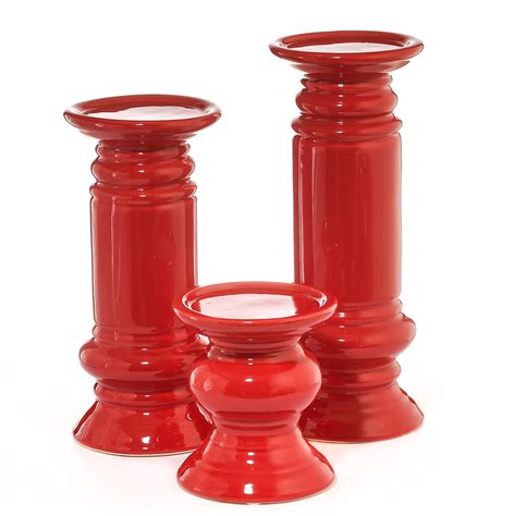 3 Piece Pillar Holder Set Red Ceramic Candle Holders