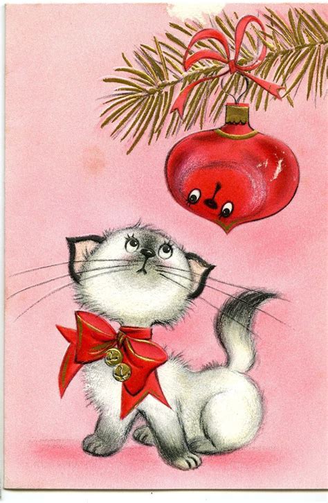 Vintage Mid Century Cute Kitten Pink Christmas Card Vintage Holiday