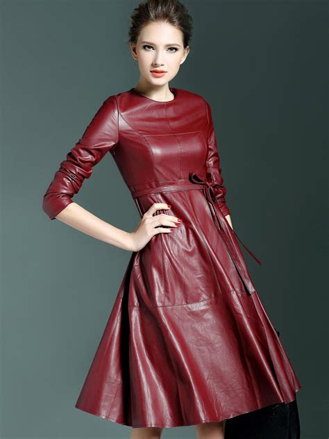 Win Red Round Neck Long Sleeve Tie Waist Leather Dress