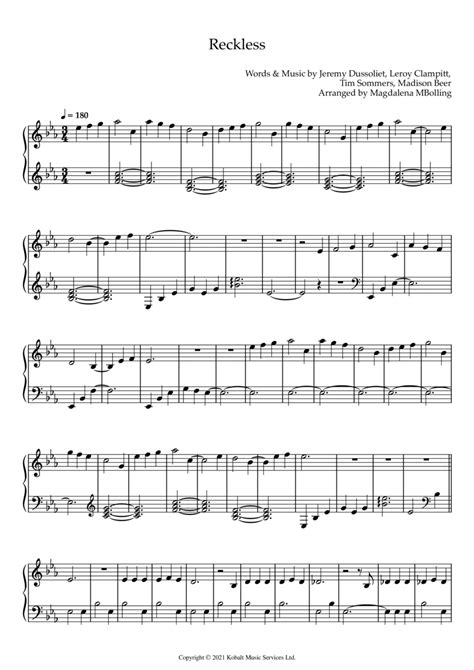 Reckless Sheet Music Madison Beer Piano Solo