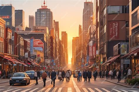 Premium AI Image | City Life at Dusk Glowing Skyline Amidst Urban Bustle