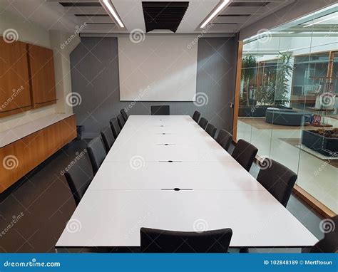Empty Meeting Room With White Table Gray Walls Stock Image Image Of