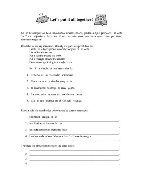 Spanish Sentence Construction Worksheet For 8th 9th Grade Lesson Planet