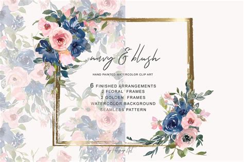 Watercolor Navy And Blush Floral Bouquet Clipart 220413