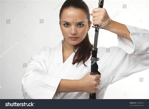 Attractive Young Sexy Women Samurai Sword Stock Photo 45206251