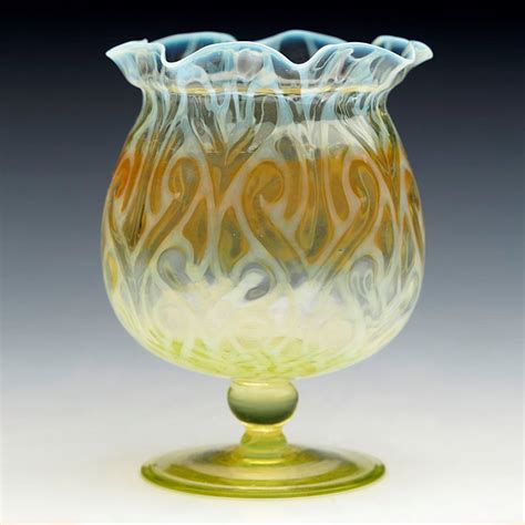 Antique English Yellow Vaseline Glass Pedestal Vase With Trailed Designs C 1890 Gl1304025