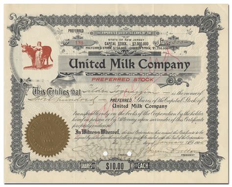 United Milk Company Stock Certificate Ghosts Of Wall Street