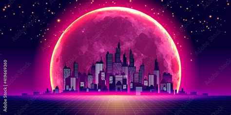 Retro City Skyline In 80s Style Neon Glowing Moon And Starry Sky