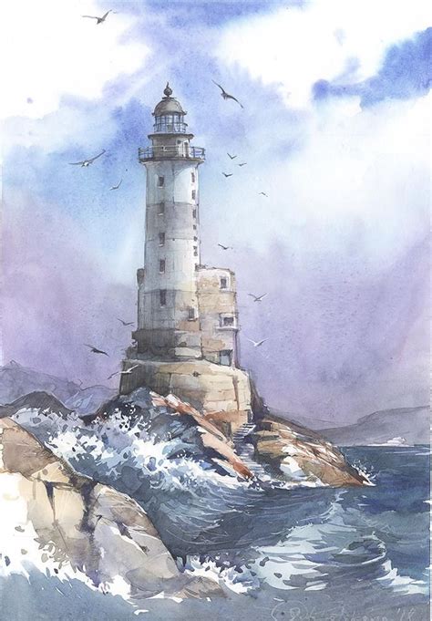 Lighthouse By Sukhotskaya Watercolor Landscape Paintings Lighthouse