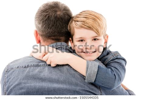 Excited Smiling Boy Embracing Father Isolated Stock Photo 1505544335