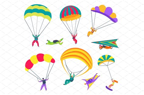Skydivers People With Parachutes Vector Graphics Creative Market