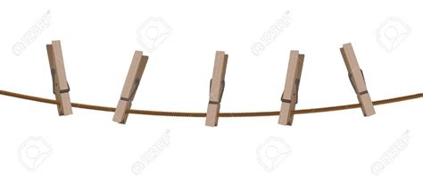 Clothes Pegs Hanging On A Rope Against A White Background Stock Photo