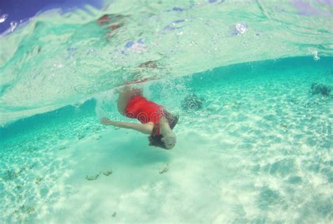 Beautiful Woman Lady In Red Swim Dress Water Sea Stock Photo Image Of