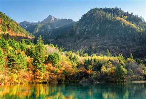 Beautiful View Of Wooded Mountains And The Five Flower Lake Stock Image