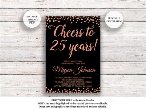 Editable 25th Birthday Invitation Cheers To 25 Years Black Etsy