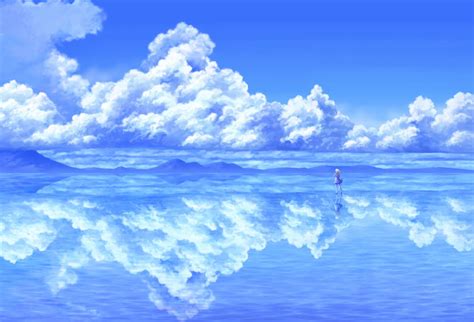 Anime Landscape Reflection Sky Clouds Nature Blue Cyan Anime