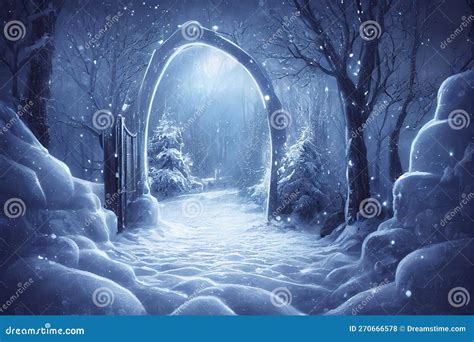 Fantasy Winter Snowy Landscape With Magic Fairy Tale Portal Frozen