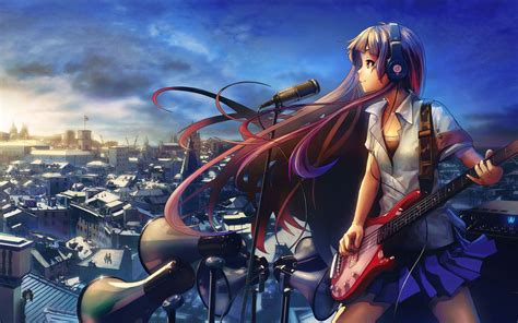 Anime Girls Original Characters Skirt Headphones Bass Guitars