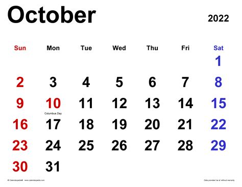 October 2022 Calendar Templates For Word Excel And Pdf