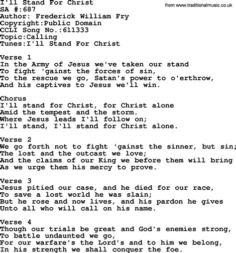 Salvation Army Hymnal Song Ill Stand For Christ With Lyrics And Pdf