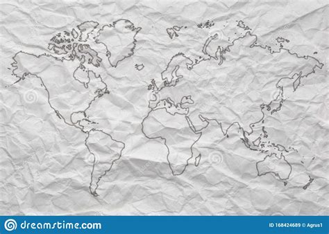 world map outline on white crumpled paper stock