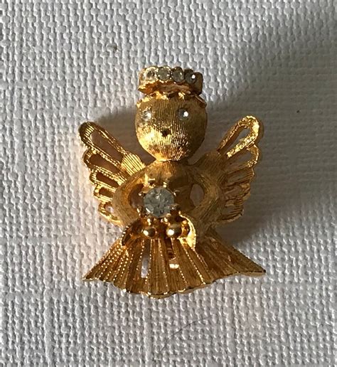 vintage angel brooch rhinestone angel pin angel with halo etsy