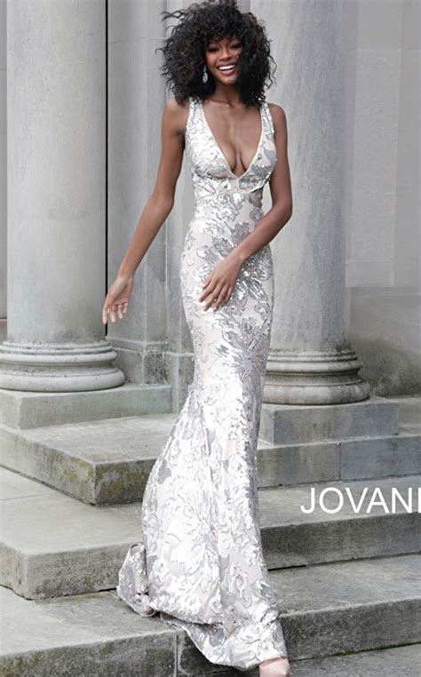 Jovani 65578 Silver Nude Plunging Neckline Prom Dress