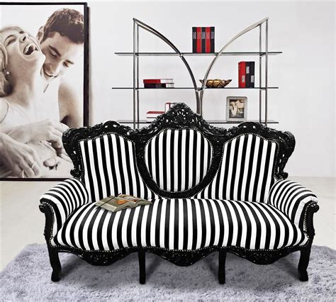 Baroque Sofa Fabrics Black And White Stripes And Black Lacquered Wood