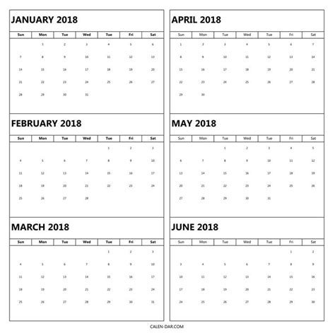 6 Month 2018 Calendar Printable