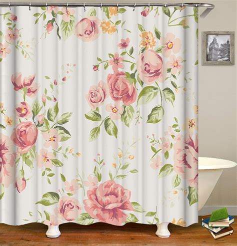 Shower Curtain Set With Hooks Womens Romantic Flora Pink Flower White
