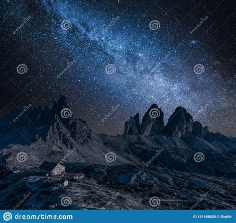 Milky Way Over Tre Cime And Dreizinnen Hut Dolomites Stock Photo