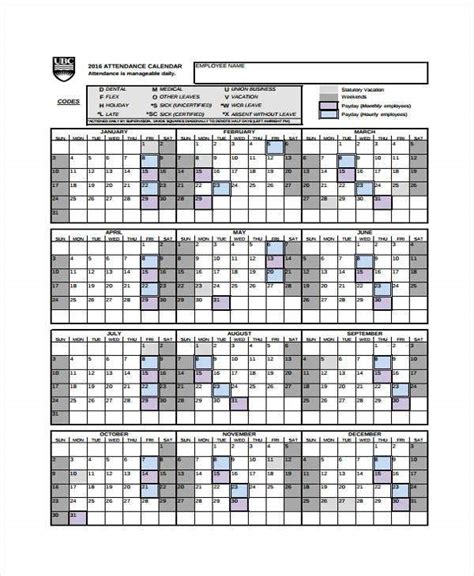8 Attendance Calendar Templates Free Sample Example Format