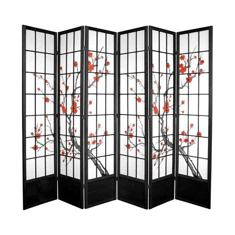 Oriental Furniture Cherry Blossom 6 Panel Black Wood And Paper Folding