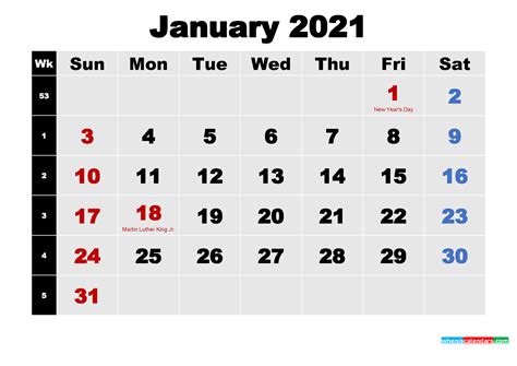 Free Printable January 2021 Calendar Word