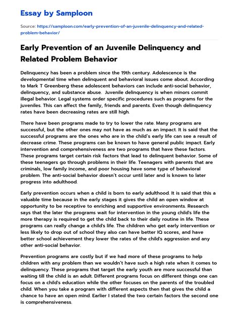≫ Early Prevention Of An Juvenile Delinquency And Related Problem