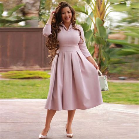 Autumn Women Solid High Waist Pleated Swing Mid Length Dress In Dresses