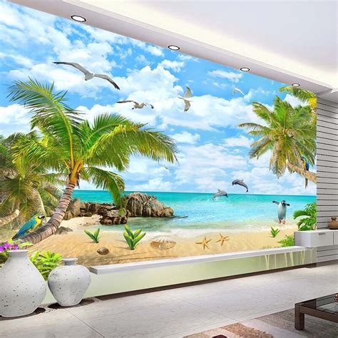 Custom 3d Wallpaper Wall Painting Island Beach Seascape Coconut Tree