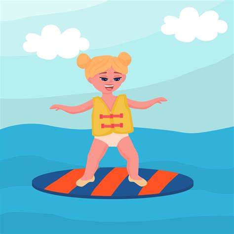 Petite Fille Heureuse En Gilet De Sauvetage Essayant De Surfer Dans La