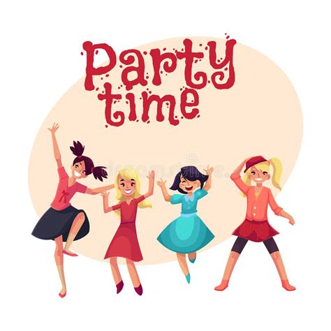 Four Girls In Colorful Clothes Having Fun Dancing At Party Stock